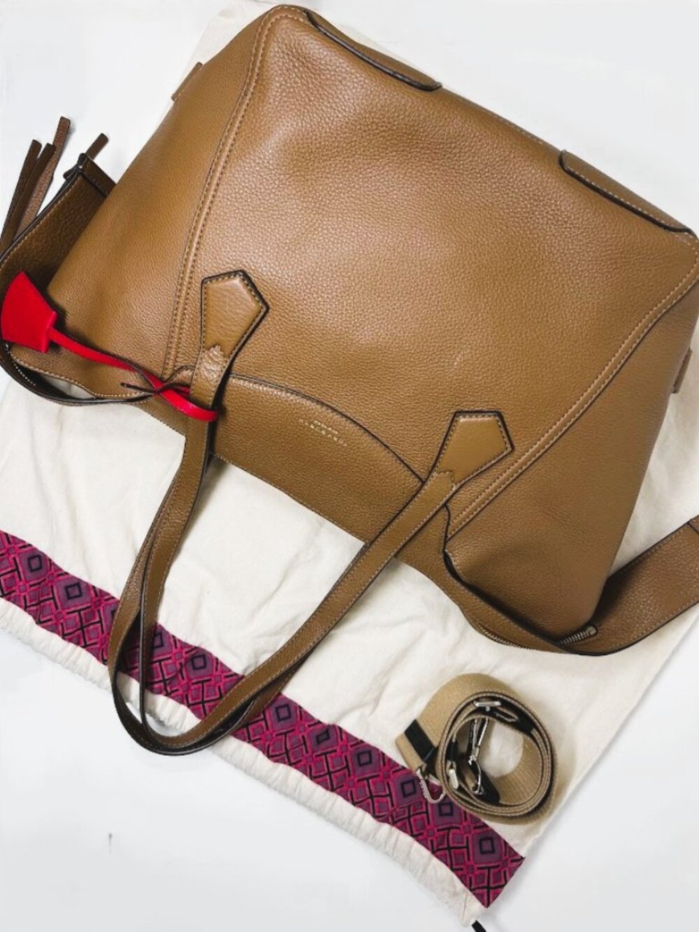 Tory Burch Perry Moose Brown Pebbled Leather Zip Satchel Crossbody Bag Tote